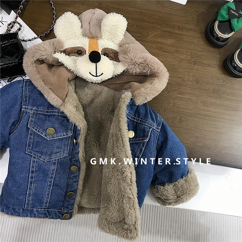 Boys' and girls' winter clothes cartoon Denim coat new baby children's clothing fleece-lined children's winter western style coat for foreign trade
