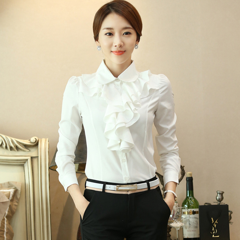 Spring New Korean Style Doll Collar Ruffled White Chiffon Shirt Women's Long-Sleeved Professional Fit Base Layer