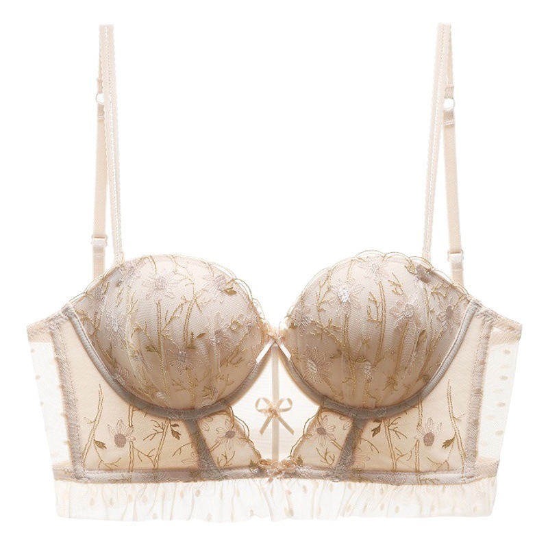 Summer Large U-shaped Beautiful Back Underwear Women's Lace Embroidered Contrast Backless Bra Small Chest Gather-up Vest Bra