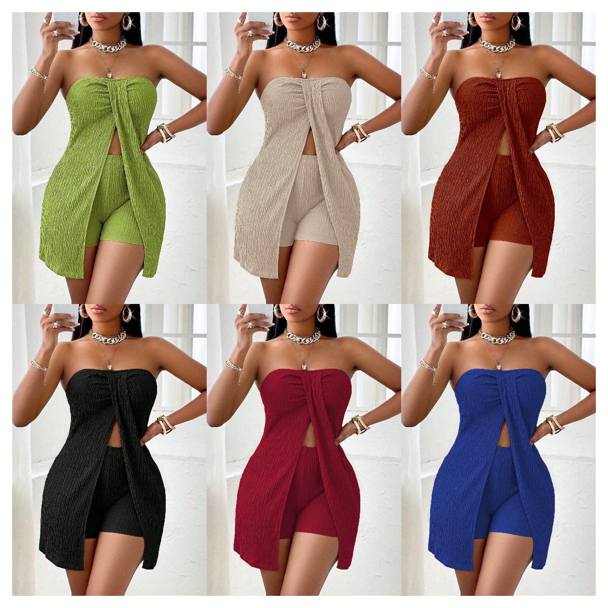 Real shot in stock shein cross-border independent station 1688 best selling European and American solid color strapless top shorts suit