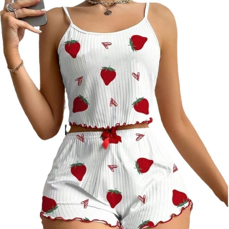 Cross-Border European and American Women's Pajamas with Strawberry Print, Sexy Camisole and Shorts Loungewear Two-Piece Set