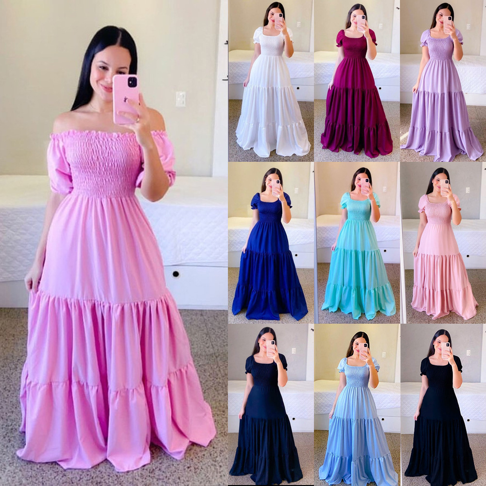 2025 cross-border new spring and summer European and American women's dress off-shoulder floral off-shoulder long color fairy skirt