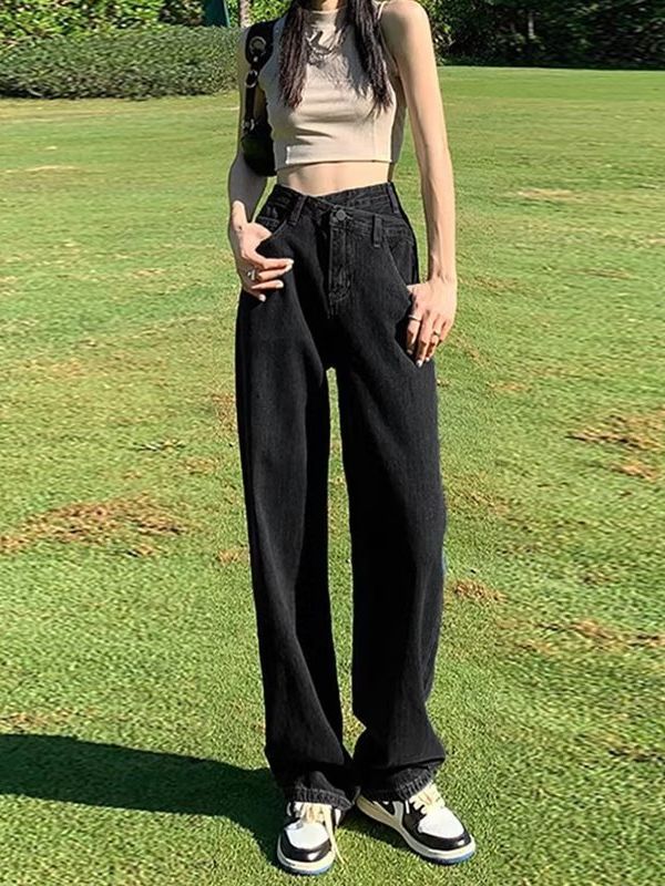 Gray high waist jeans for women 2023 Autumn New loose slimming straight irregular wide leg mop pants fashion