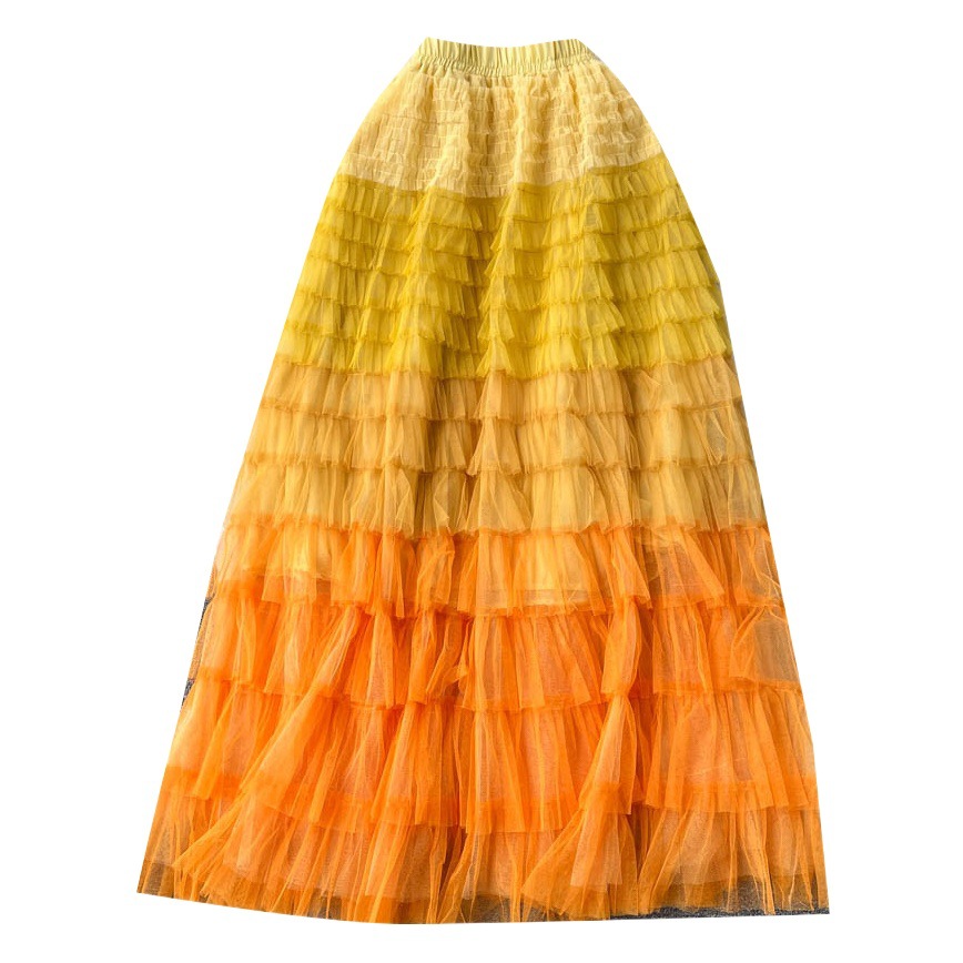Gradient Color Asymmetrical Mesh Skirt Women's Mid-Length Cake Skirt Fluffy High Waist Slimming Look A-Line Fairy Gauze Skirt