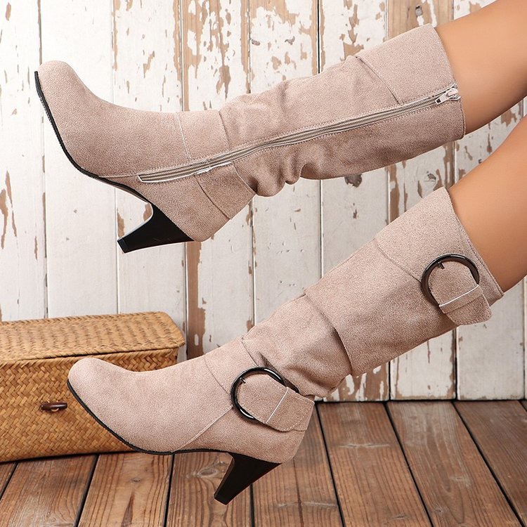 Independent station Foreign trade plus size 2023 autumn and winter new factory supply European and American high heel straight belt buckle Knight boots for women
