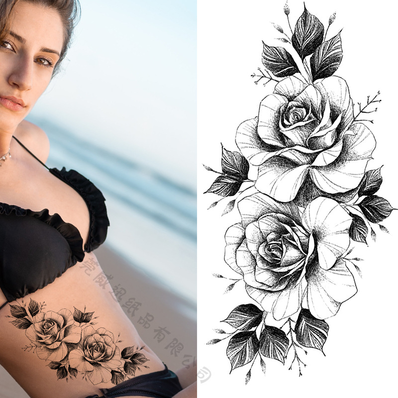 Picture of Cross-Border Supply of Sketch Flower Tattoo Stickers, Sketch Tattoo Stickers, Rose Flower Black and White Flower Tattoo