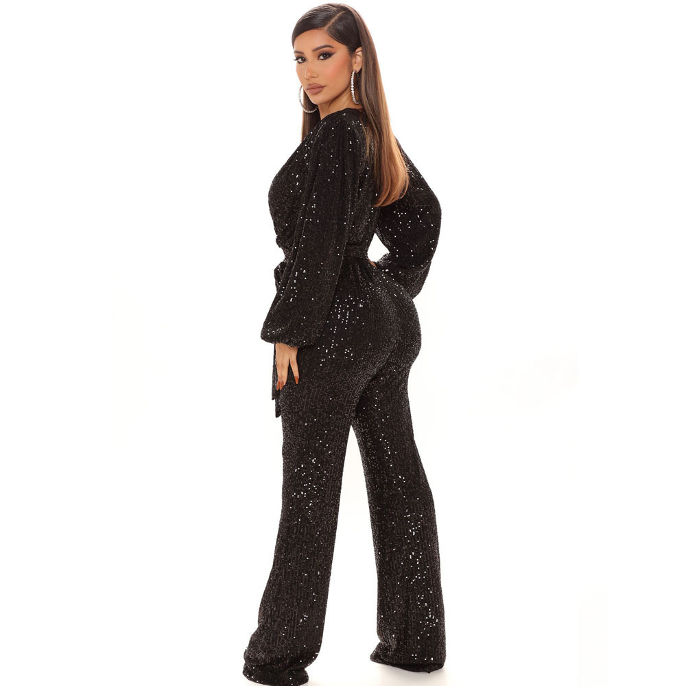 Picture of Amazon Explosions Autumn European and American High-end Women's Sequins Deep V-Neck Long Sleeve Pants Foreign Trade Pants