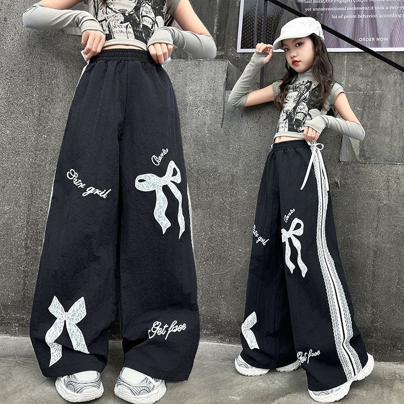 Girls' Korean-style Bow American Wide Leg Pants for Big Children Spring New Solid Color Lace Loose Casual Mid-waist Pants