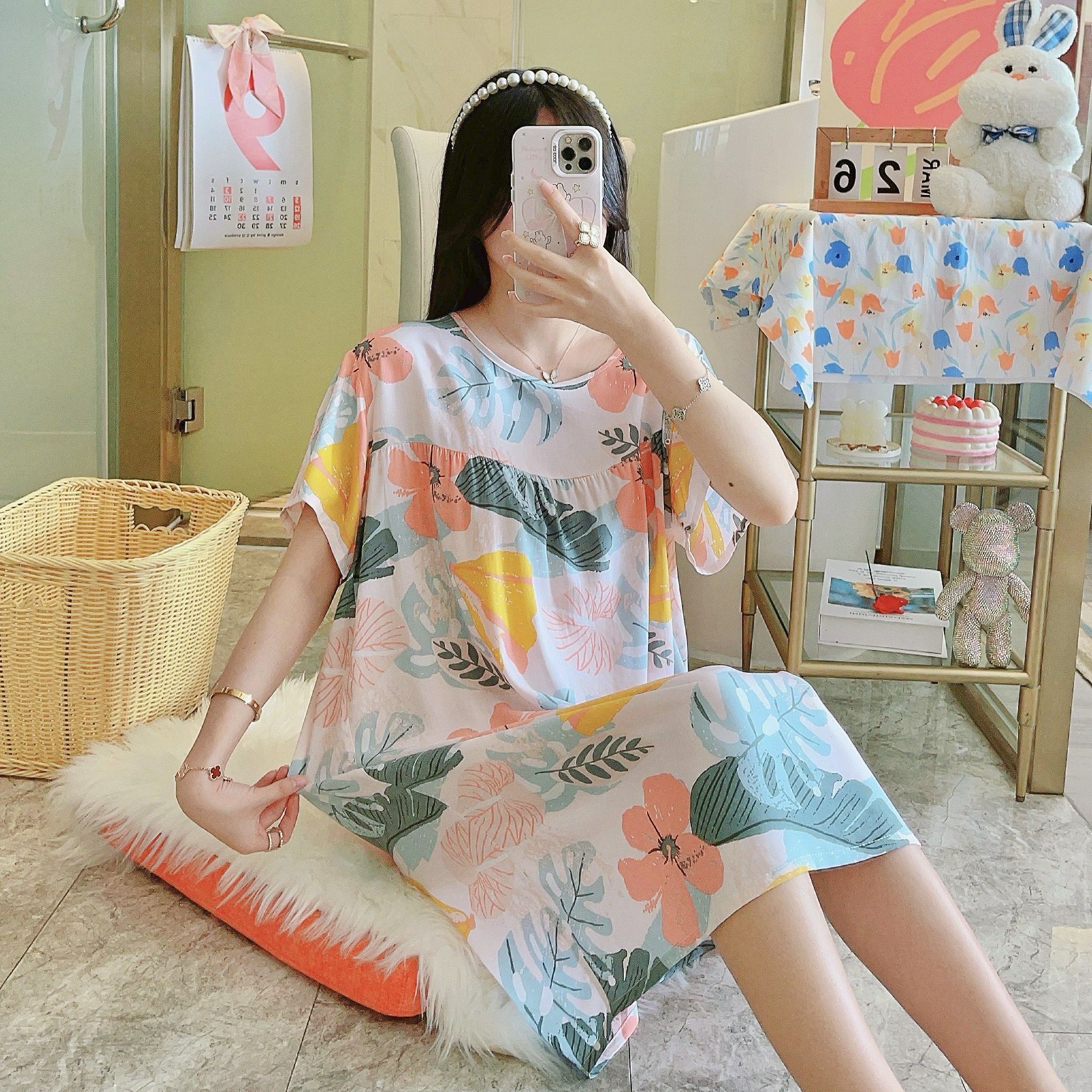 Picture of Cotton Silk Nightgown Women's Spring and Autumn Summer Thin Pajamas Korean Sweet Girls Online Celebrant Live Explosions Home Outwear Skirt
