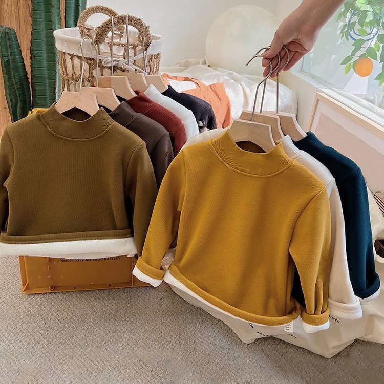 children's fleece-lined half turtleneck bottoming shirt autumn and winter Korean style men's and women's one-piece velvet warm top