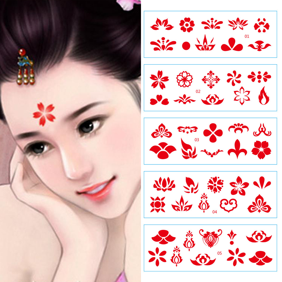 Fairy ancient costume forehead printing eyebrow stickers Hanfu ancient style beauty tattoo stickers long-lasting waterproof children's floral stickers