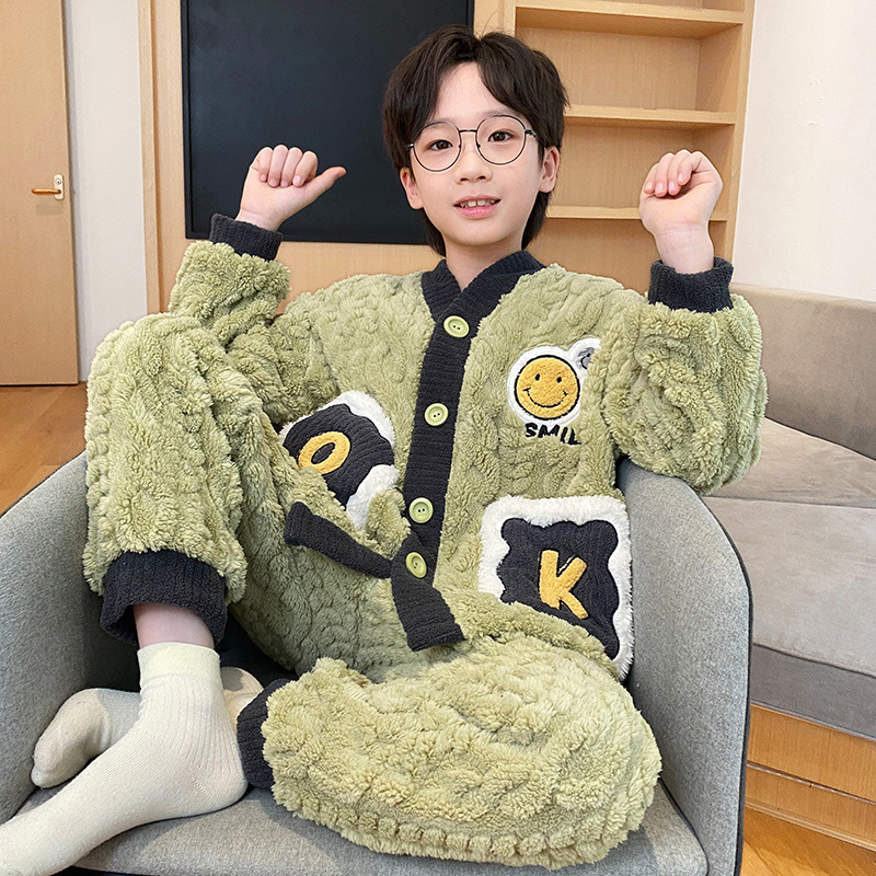 Picture of Children's coral fleece pajamas for boys autumn and winter 2024 new winter jacquard fleece home clothes for teenagers and little boys