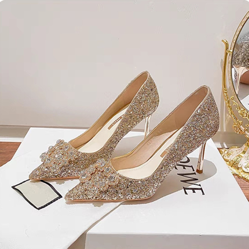 2024 New Main Yarn Wedding Shoes Wo Show Wedding Dress Two-Wear Bridal Shoes Women's Golden Crystal High Heels Not Tired Feet Wedding