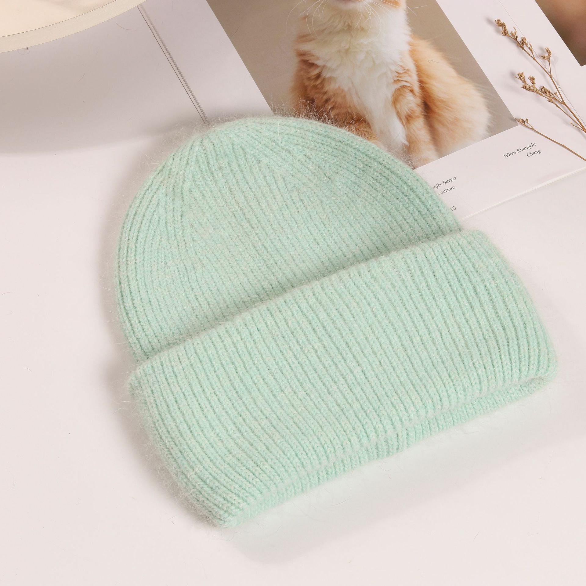 Picture of Korean Winter Knitted Hat with Large Brim for Women, Windproof Pullover Round-Top Adult Rabbit Fur Wool Hat