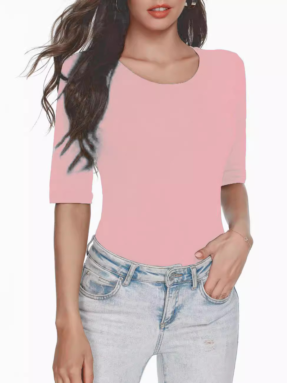 Picture of Cross-border 2024 Amazon wish European and American Foreign Trade Women's New Spring and Summer Casual Round Neck Five-point Sleeve Top for Women