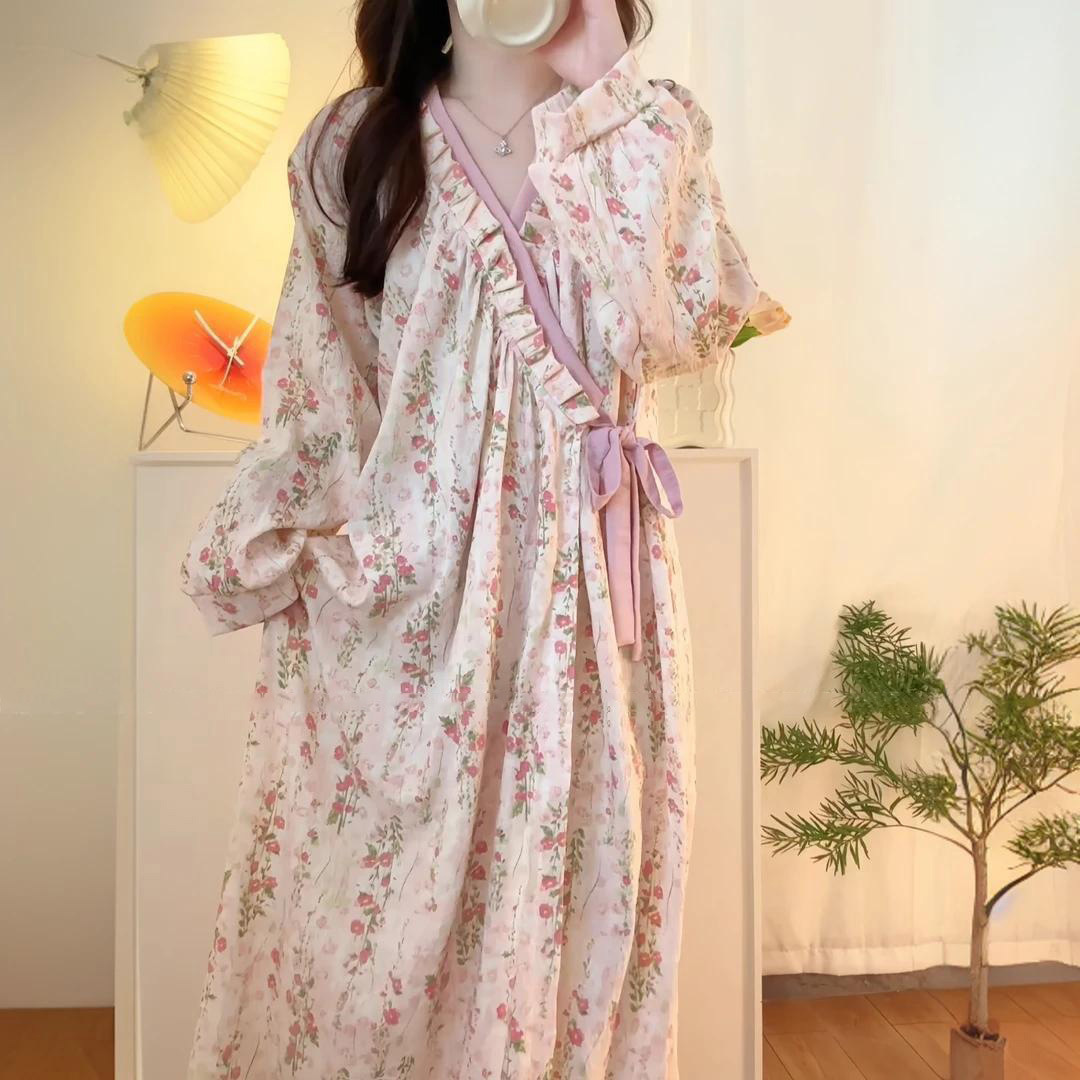 High-End Monet Garden Nightgown Women's Spring and Autumn New Cloud Cotton Long Nightgown Pajamas Bathing Bathrobe Home Clothes