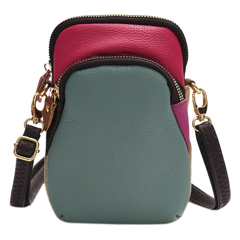 Genuine Leather Women's Bag 2024 New Fashion Versatile Small Square Bag Spliced Mobile Phone Bag Women's Bag First Layer Cowhide Crossbody Bag