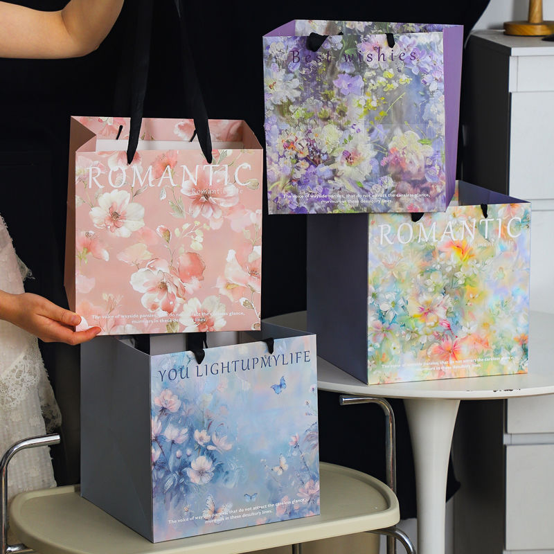 Sicily Oil Painting Style Handbag Flowers Flower bouquet Gift Box Vintage Romantic Gift Bag Large New Ins