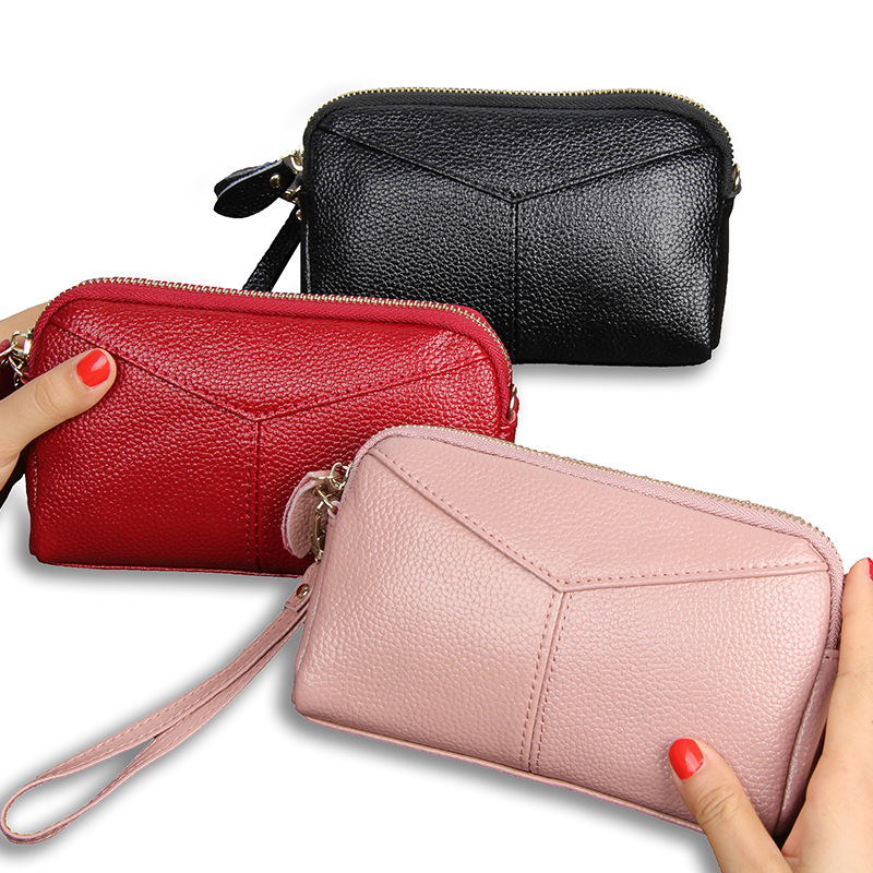 Fashionable Simple Genuine Leather Women's Hand Bag Double Zipper Korean Style Wrist Bag Mobile Phone Bag Genuine Leather Women's Long Wallet for Women