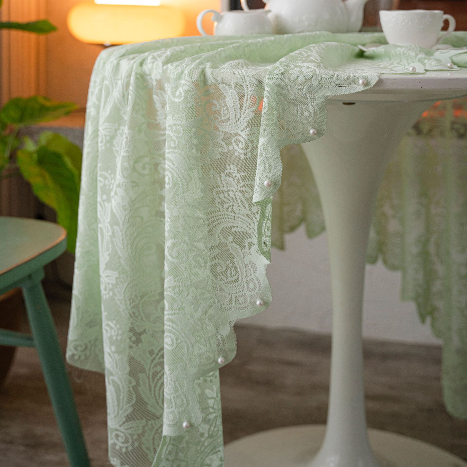 Picture of Yuman Qiyun Tablecloth White Green Bead Yarn Cake Photography Background Embroidered Prop Cloth Solid Color Tablecloth