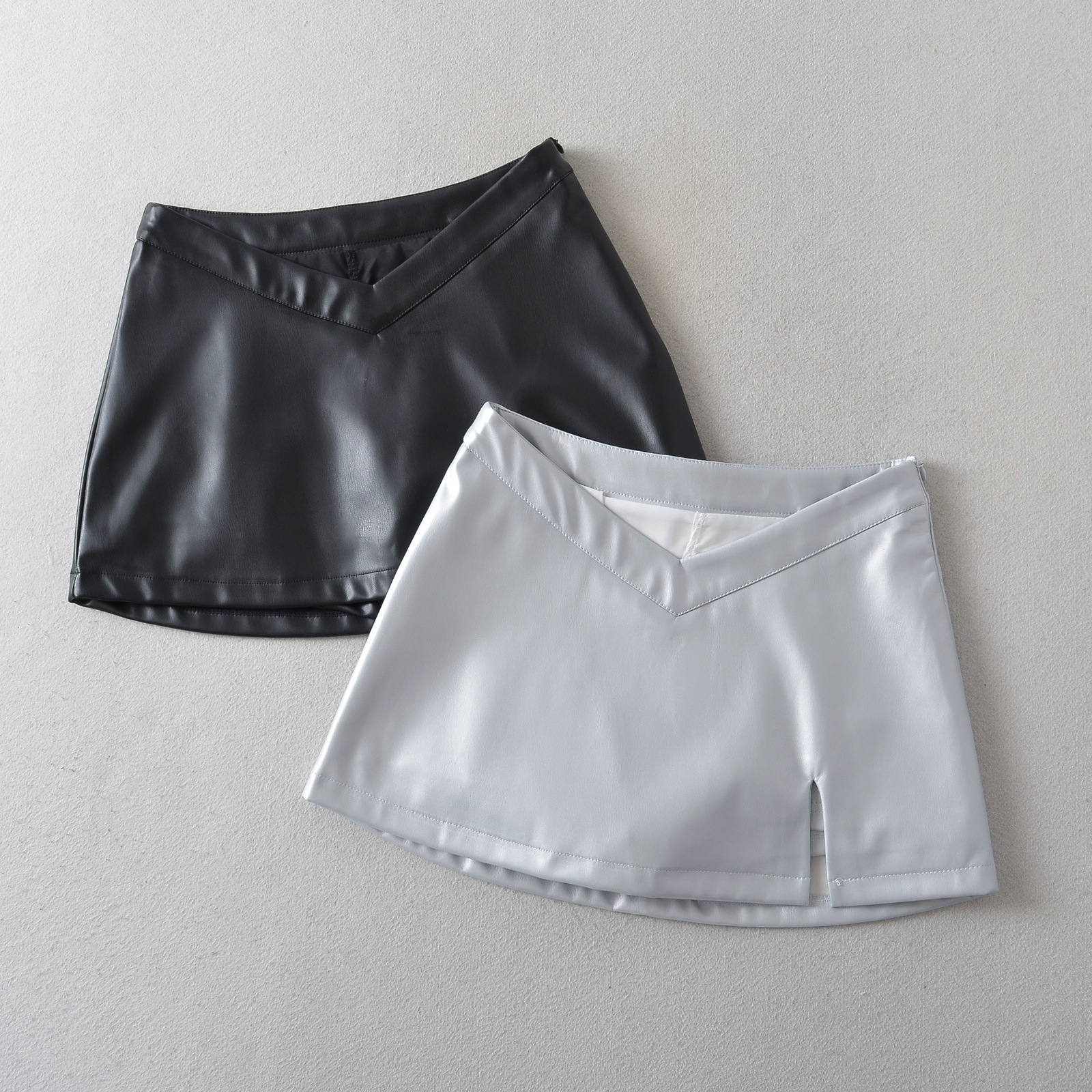 Irregular Split silver Skirt Women's Autumn High Waist Slimming Spice Girl Hip Leather Skirt A- line Skirt miniskirt