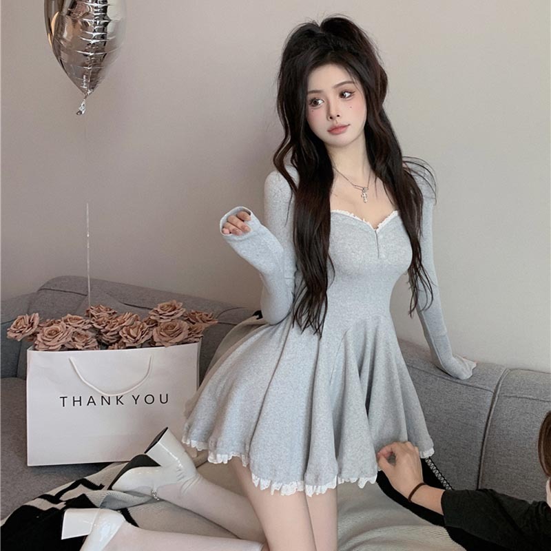 Autumn New Pure Sexy Lace Dress Women's Long-sleeved Waist Elegant Spice Girls Pleated A- Line Skirt