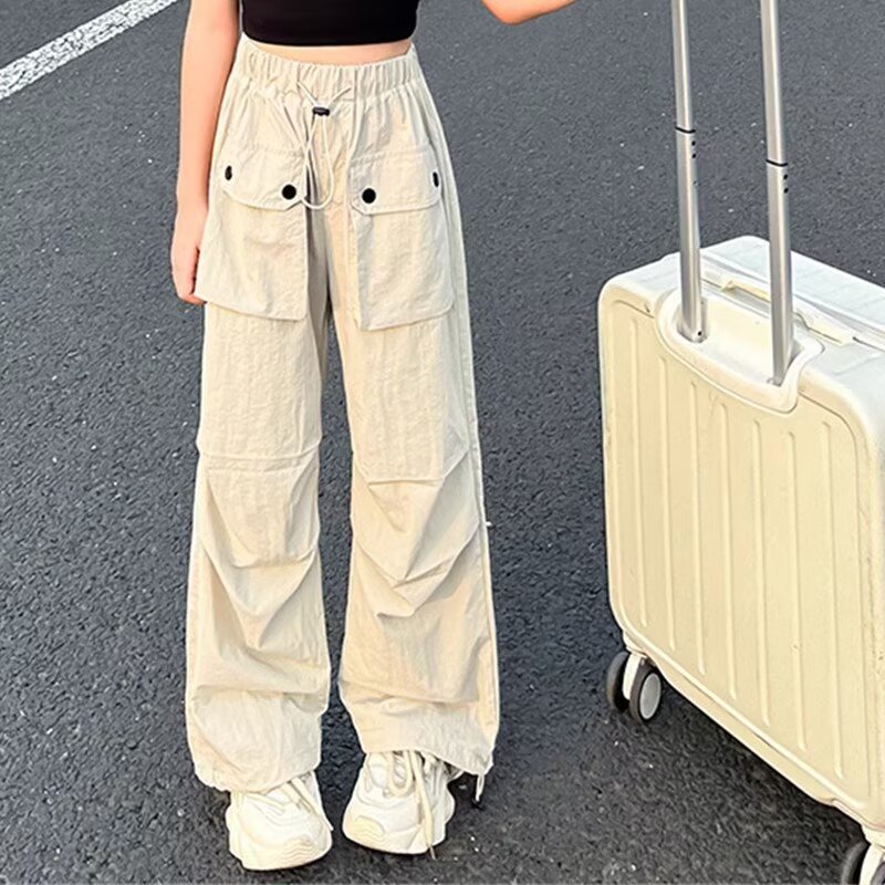 Girls' Summer Cargo Pants 2025 New Summer Style for Older Children, Fashionable Straight Wide-Leg Pants, Thin Long Trousers