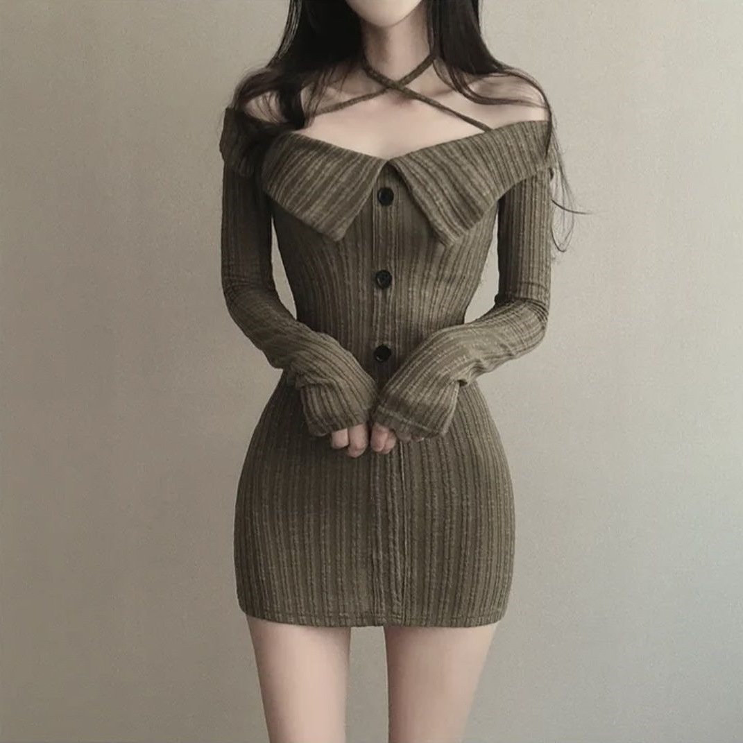 Korean Chic Autum Niche Design Cross Halterneck One-Line Collar Off-Shoulder Slim Slim Long-Sleeved Dress for Women