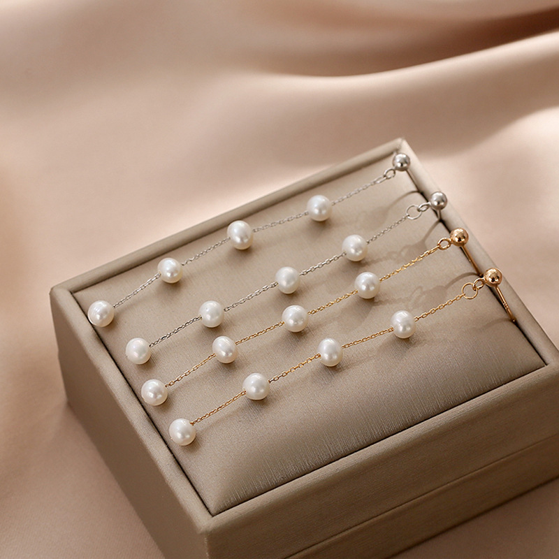 Simple Natural Freshwater Pearl Earrings Women's Internet-famous All-match Elegant Long Pearl Silver Pin Earrings Gypsophila