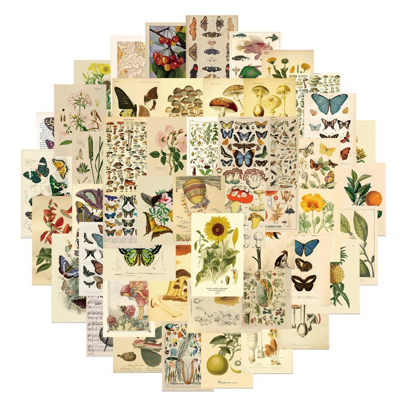 50 retro butterfly Grass Wood flower graffiti stickers decorative guitar luggage DIY waterproof stickers wholesale