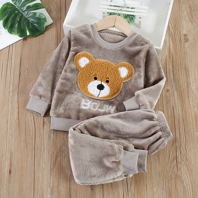 Boys and Girls flannel home wear suit infant pajamas thickened coral fleece letter bear head long sleeve two-piece set