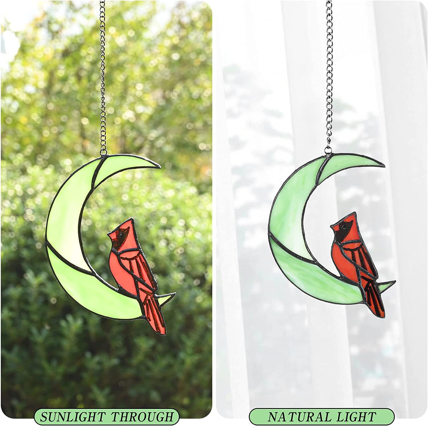 Stained Glass Style Acrylic Moon Cardinal Bird Window Hanging Japanese Catcher Net Wall Hanging Wall Decoration Sympathy Memorial
