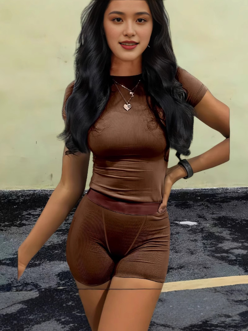 2024 cross-border Europe and the United States solid color spring and summer women's fashion casual simple tight neck short sleeve shorts suit