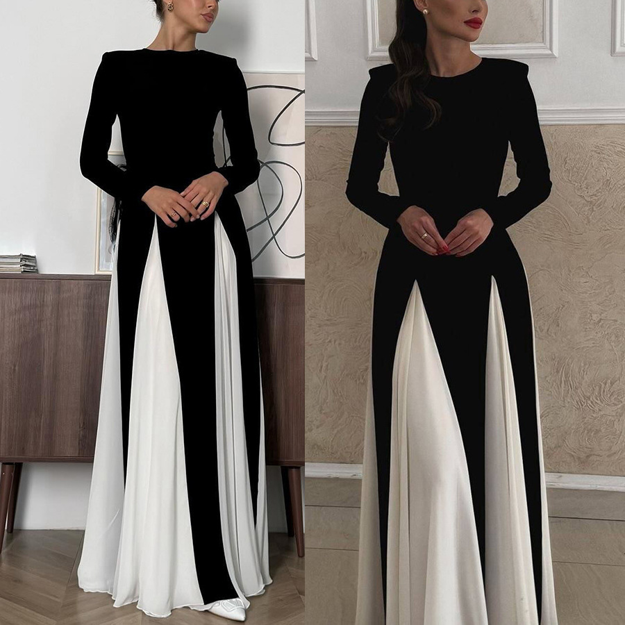 Cross-Border European and American New Contrasting Color Long-Sleeved Women's Dress Ins Casual Loose Party Dress