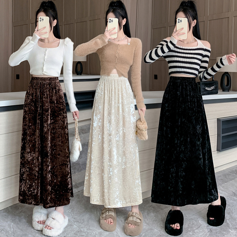 Golden Velvet Skirt Autumn Retro 2024 New Autumn and Winter High Waist Slimming Skirt Long Skirt