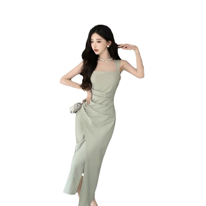 Picture of French Elegant Lady Royal Sister High-end Satin Long Skirt Slim Hip-hugging Square Neck Suspender Dress Summer New Style