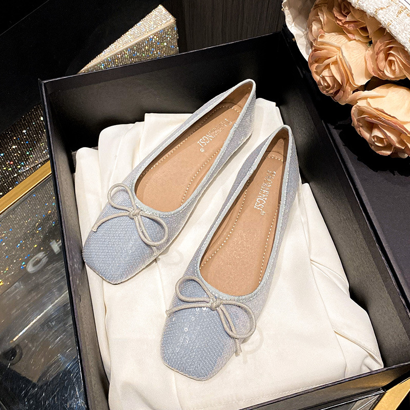 555-57 Huidong Yixinda Square Toe Flats Shoes One-Leg Bow Shallow Flats Flats Ballet Shoes