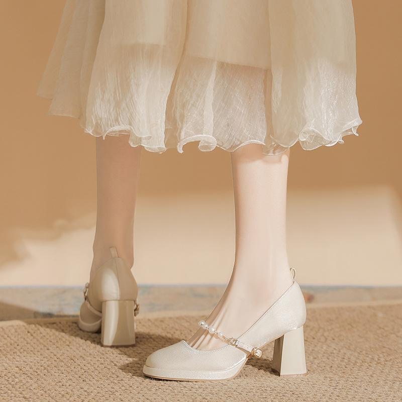 Picture of 2024 Autumn New Apricot White Wedding Dress Mary Jane Women's Shoes Small High Heels Princess Bride Wedding Shoes