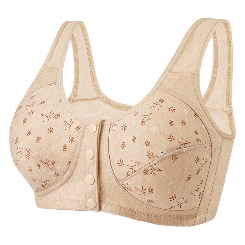 New printed front buckle underwear women's soft cotton vest middle-aged and elderly bra plus size wireless skin-friendly bra