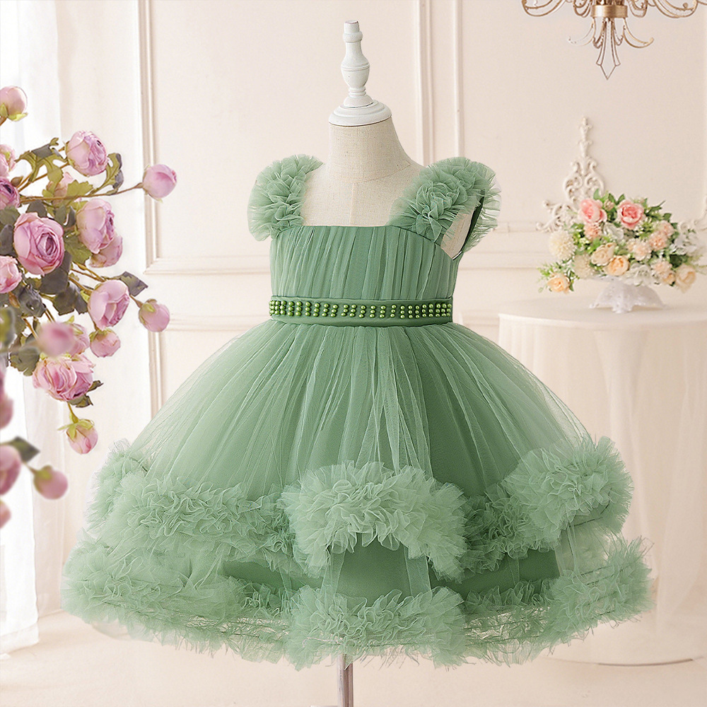New foreign trade children's mesh dress, birthday party evening dress, stage show performance, beaded mesh princess dress