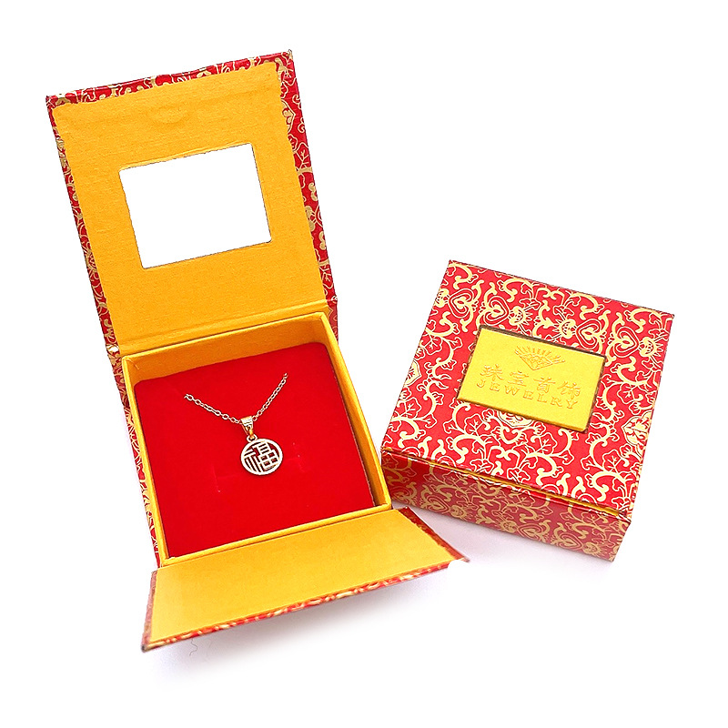 Window Pendant box golden flower window back jewelry box printing necklace carton jewelry storage box Golden Gift