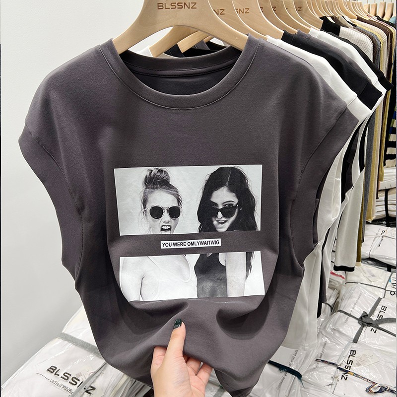 American Retro Waistcoat Sleeveless T-Shirt for Women 2023 Summer New Style Printed Design Slimming Look Outer Top Ins Trend