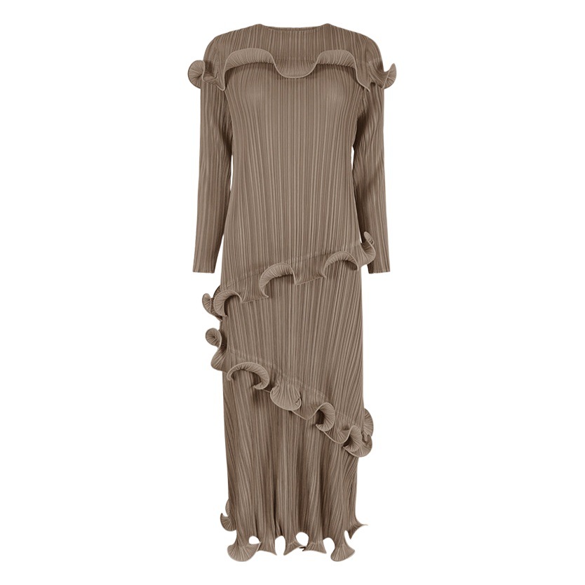 Miyake 2025 Spring New Pleated Fashion Slim Women's Solid Color Long Sleeve Skirt Plus Size Dress Women's Wholesale