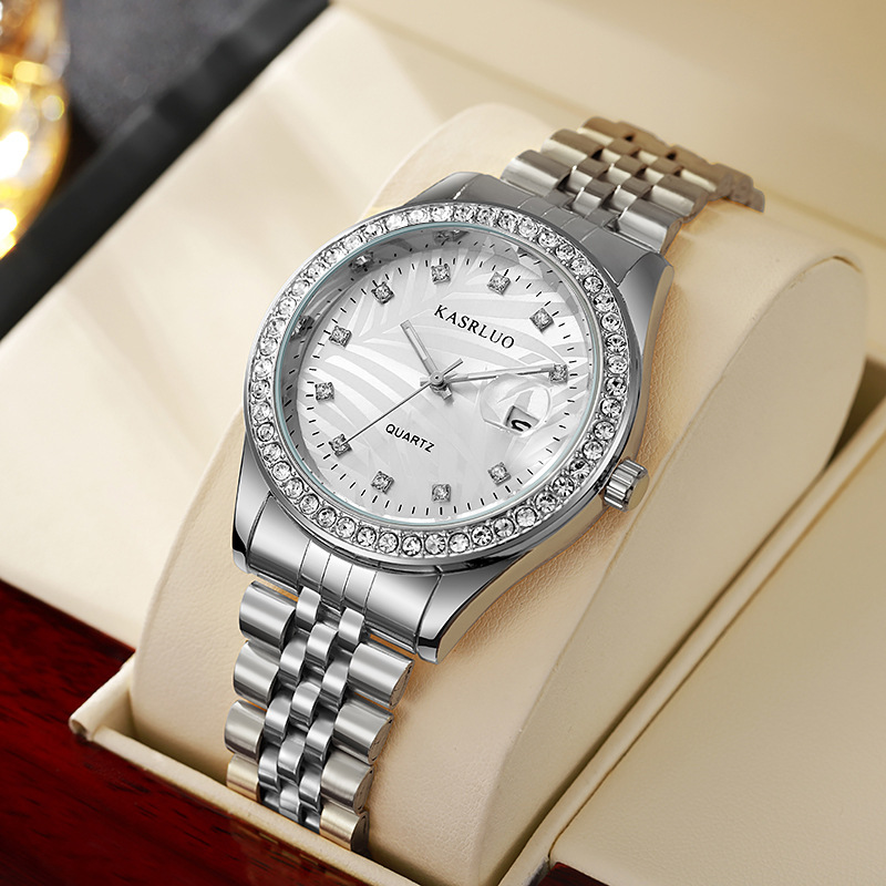Picture of Watch for Men with Diamond Inlay, Couple's Steel Band, Calendar, Student, Adult, Fully Automatic Quartz Watch, Metal Scale, Large Dial