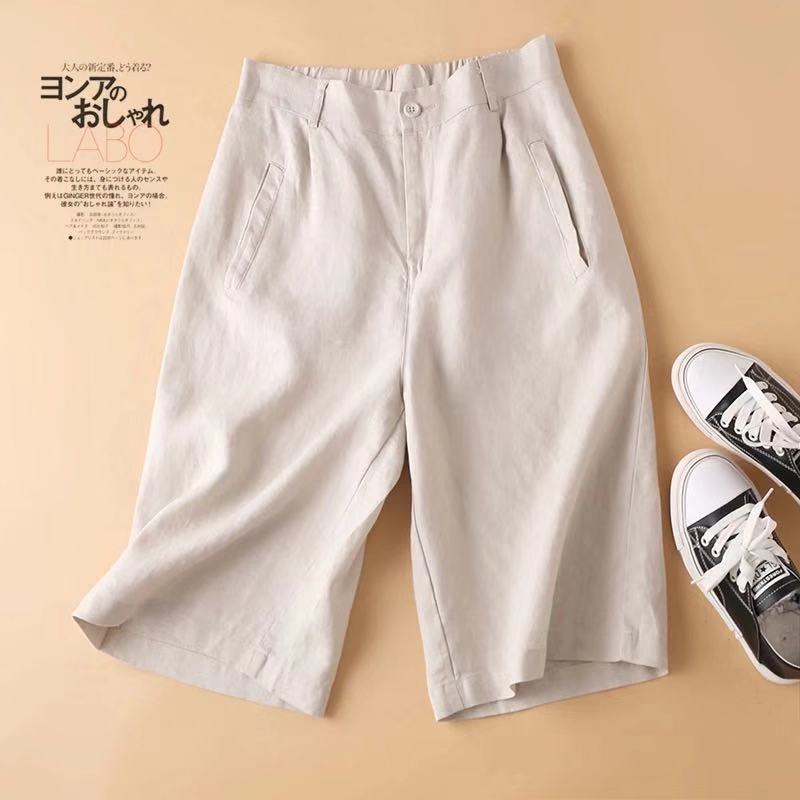 Summer Thin Casual Pants for Women, Loose and Versatile Shorts, Pure Color Cotton Straight Pants, Elastic Waist Flap Pocket Pants Five-Quarter Pants