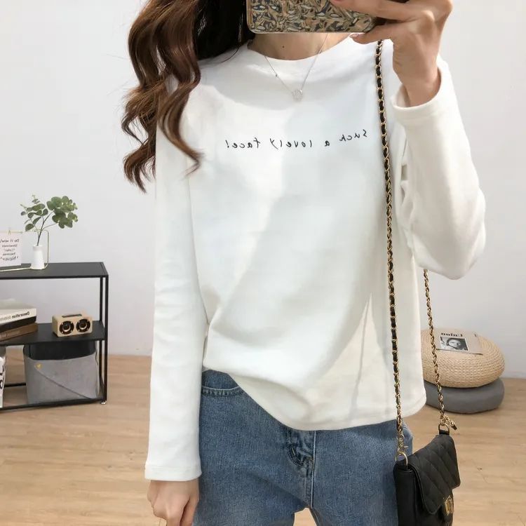 Double-sided Velvet Thickened Autumn and Winter New Long-sleeved T-shirt Women's Korean-style Loose Slimming Printed Round Neck Base Shirt Top