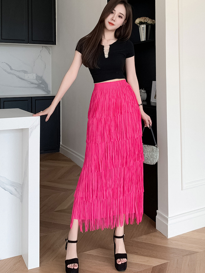 High-End Pleated Tassel Splicing Skirt by Issey Miyake for Foreign Trade, New Trendy Niche Style, Versatile and Slimming Midi Skirt