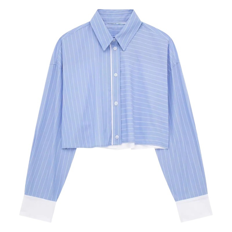 Cross-Border 2024 New Women's Stripesd Contrast Shirt Top + Elastic High-Waisted Shorts Two-Piece Suit 8Bs9697