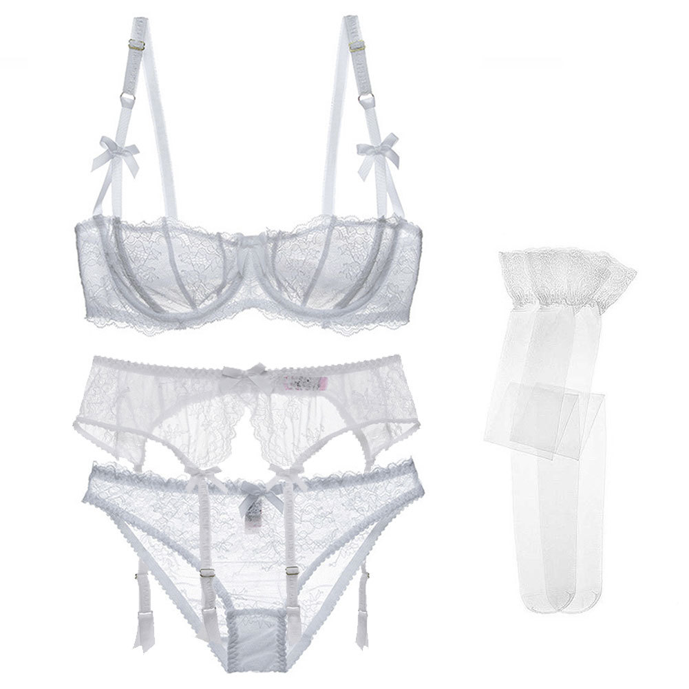 Picture of Independent Station Half Cup Sexy Lace 4-Piece Bra Intimates Women's Bra + Panties + Garter + Stockings Set
