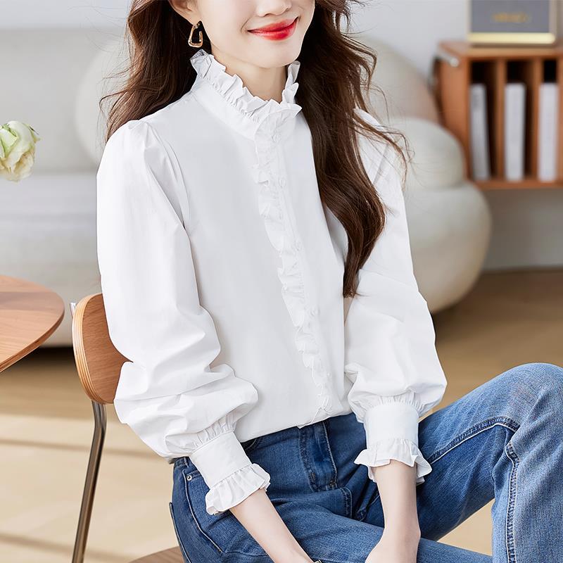 Real shot French design sense ruffled shirt women's spring western style tide color light mature Hong Kong style bubble sleeve mid-length